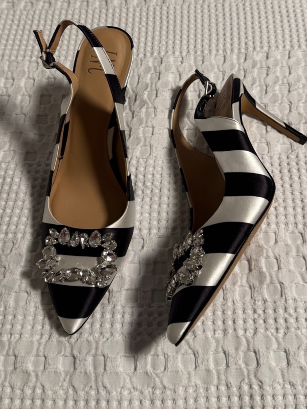 Striped Black and White Slingback Heels with Crystal Buckle
